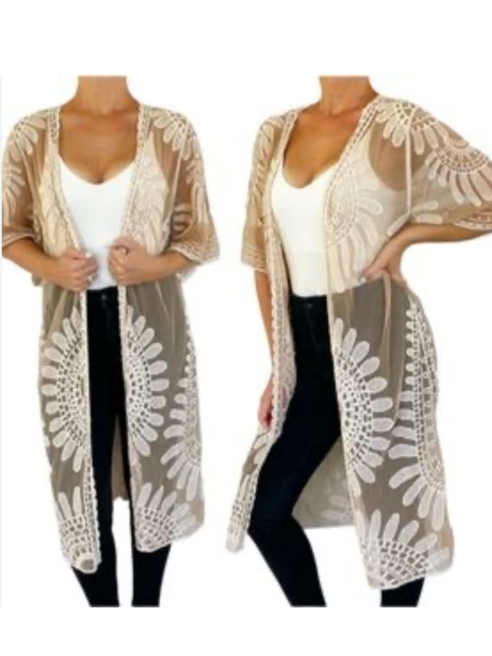 Rebellion Again Cream Nude Lace Open Front Kimono Sleeve Duster Size Large